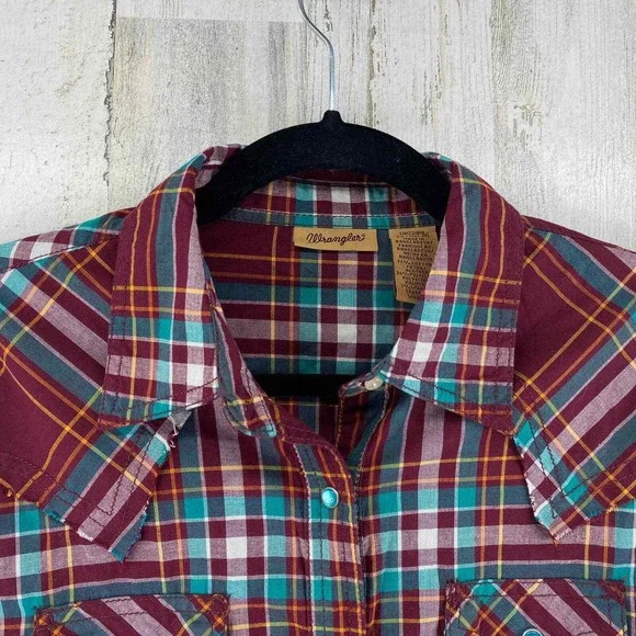 Wrangler Western Shirts Pearl Snap Men Medium Red Plaid Long Sleeve Cotton Blend - Picture 3 of 9